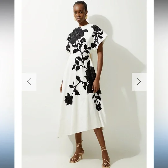 New Karen Millen Linen Cotton Hand Embellished Bow Detail Midaxi Midi Dress - Picture 1 of 9